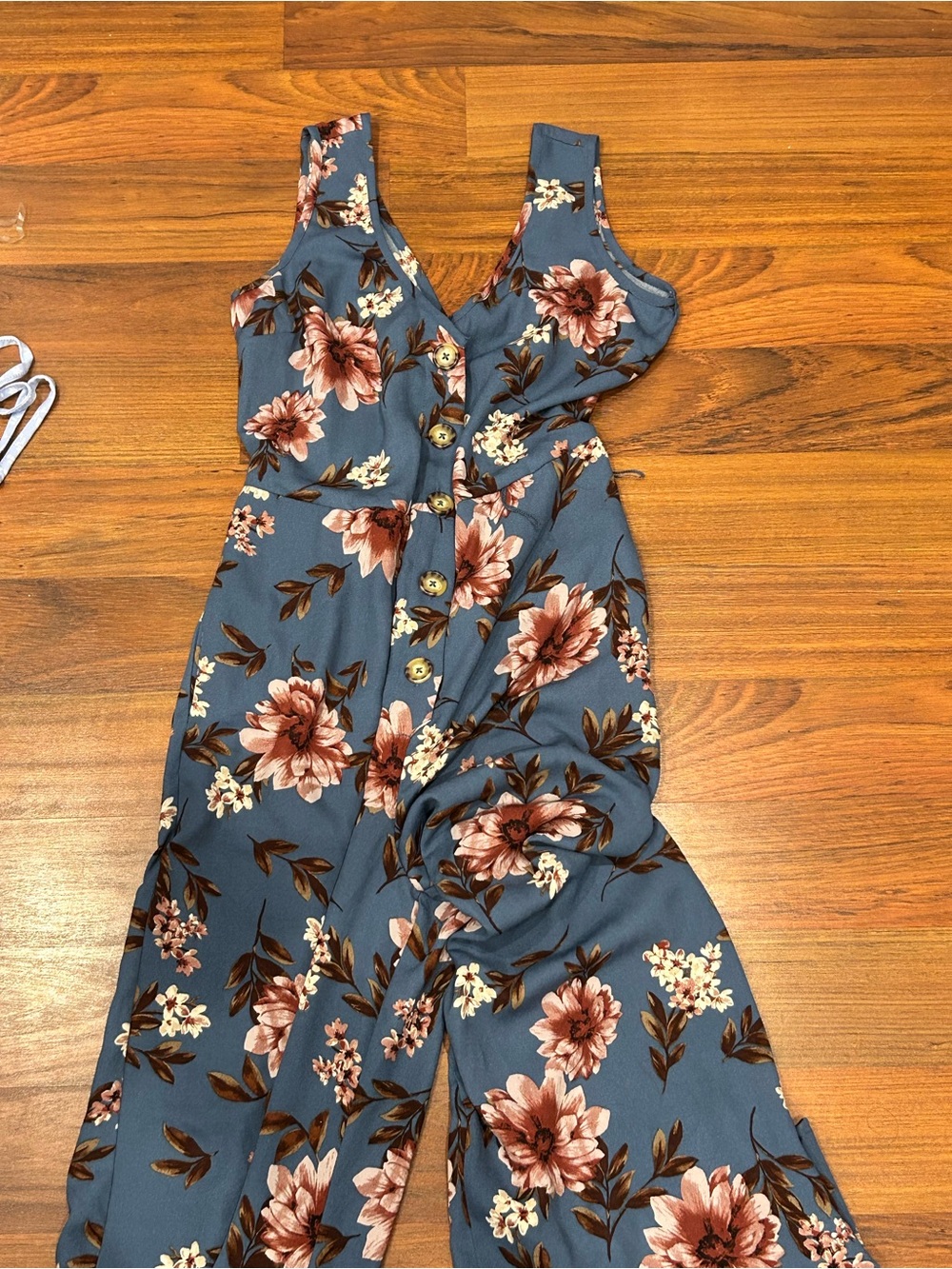 Floral Button-Front Jumpsuit in Slate Blue